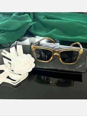 CHANEL 5442 Gold Transparent Acetate & Metal Sunglasses- Quilted CASE & RIBBON!